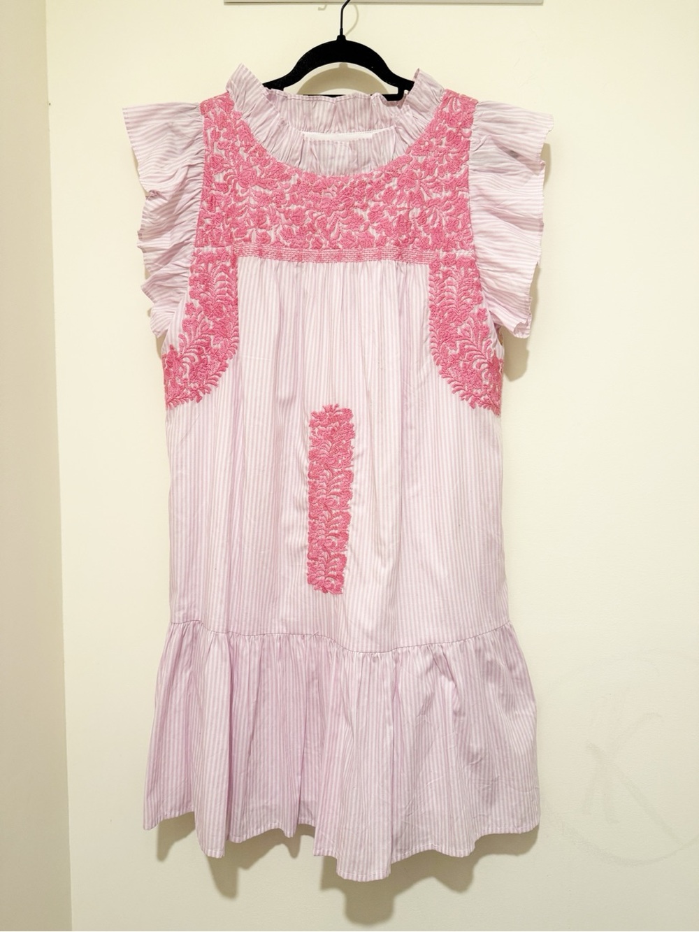 Embroidered Pink Ruffle Mini Dress